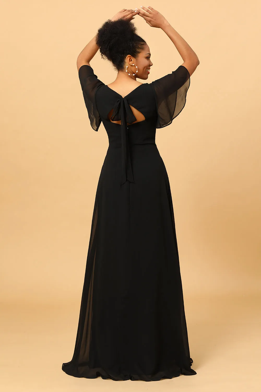 Black A Line Flutter Sleeves Long Chiffon Choir Dress with Slit sold by Zapaka product image thumbnail 3
