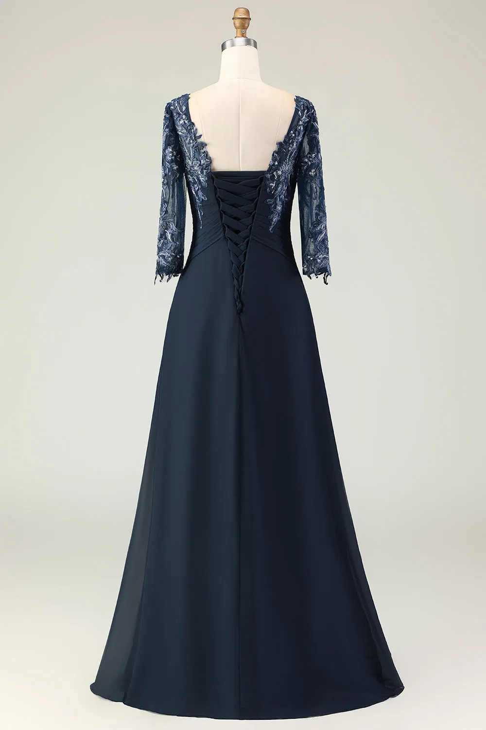 Navy A Line Appliqued Boat Neck Long Choir Dress with 3/4 Sleeves sold by Zapaka product image thumbnail 3