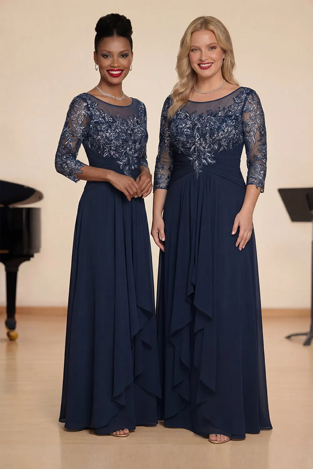 Navy A Line Appliqued Boat Neck Long Choir Dress with 3/4 Sleeves sold by Zapaka