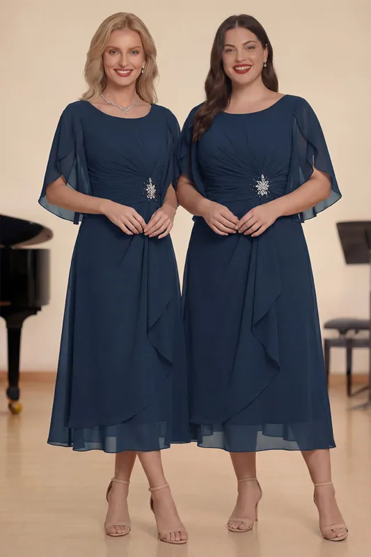 Navy A Line Ruched Chiffon Midi Choir Dress with Beading sold by Zapaka