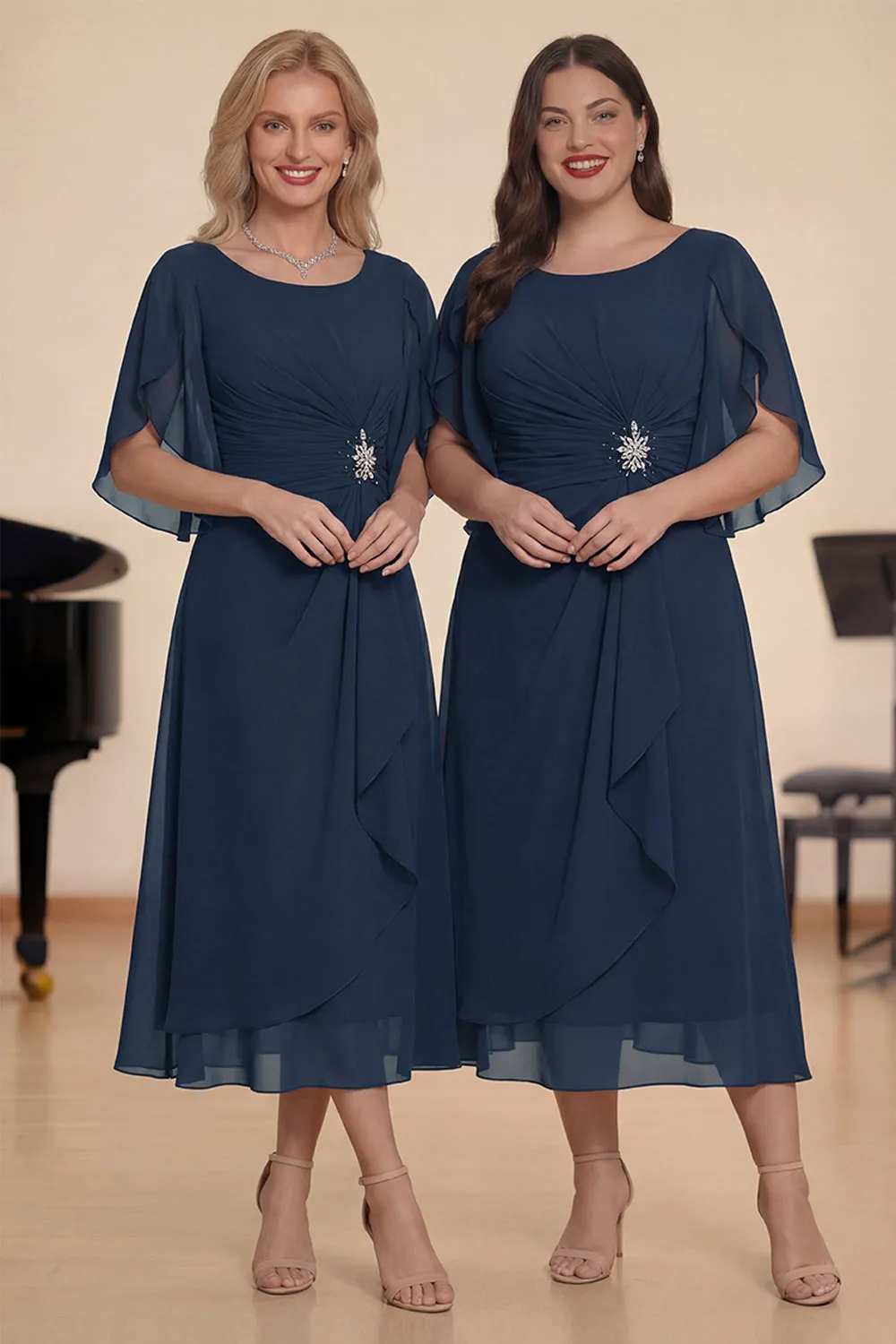 Navy A Line Ruched Chiffon Midi Choir Dress with Beading sold by Zapaka