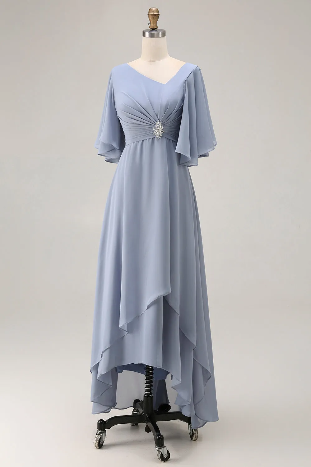 Dusty Blue A Line Half Sleeves Ruched Choir Dress with Lace Up Back sold by Zapaka product image thumbnail 4