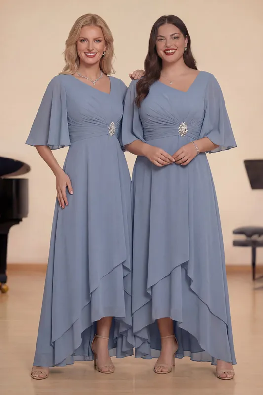Dusty Blue A Line Half Sleeves Ruched Choir Dress with Lace Up Back sold by Zapaka