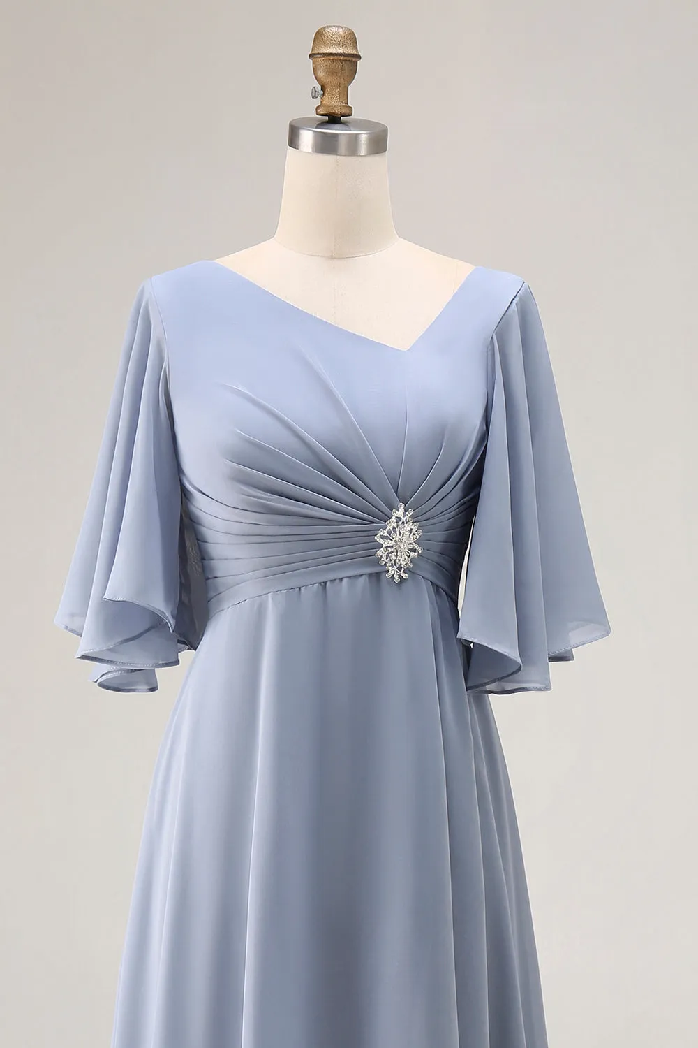 Dusty Blue A Line Half Sleeves Ruched Choir Dress with Lace Up Back sold by Zapaka product image thumbnail 5
