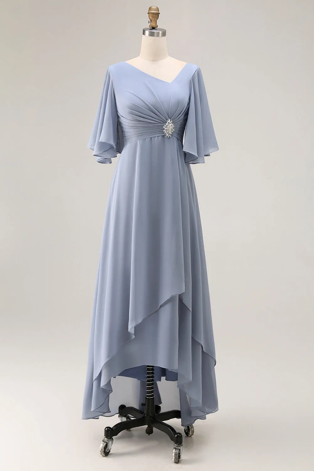 Dusty Blue A Line Half Sleeves Ruched Choir Dress with Lace Up Back sold by Zapaka product image thumbnail 2