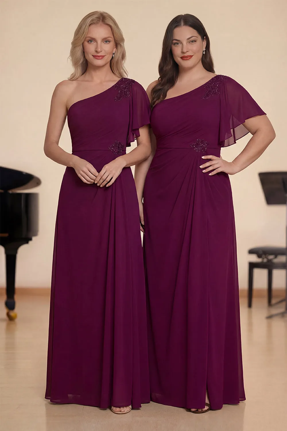 Burgundy One Shoulder A-Line Appliqued Long Chiffon Choir Dress sold by Zapaka