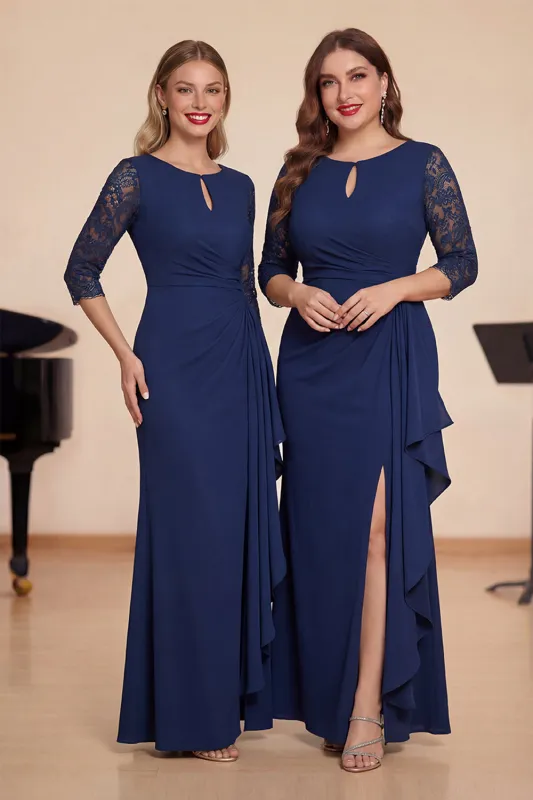Navy Sheath Ruffled Lace 3/4 Sleeves Choir Dress with Slit sold by Zapaka