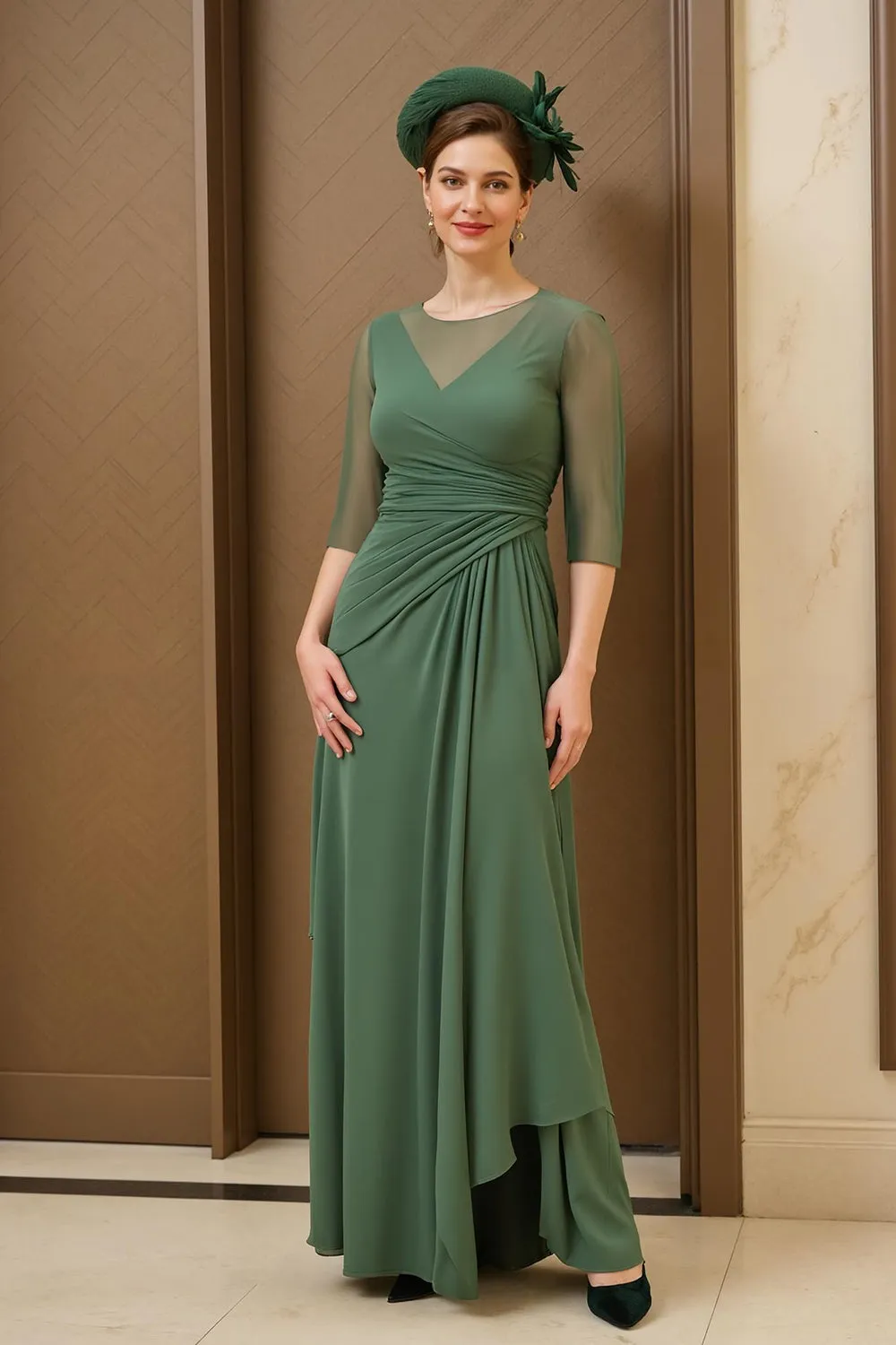 Dark Green A Line Ruched Long Choir Dress with 3/4 Sleeves sold by Zapaka product image thumbnail 2