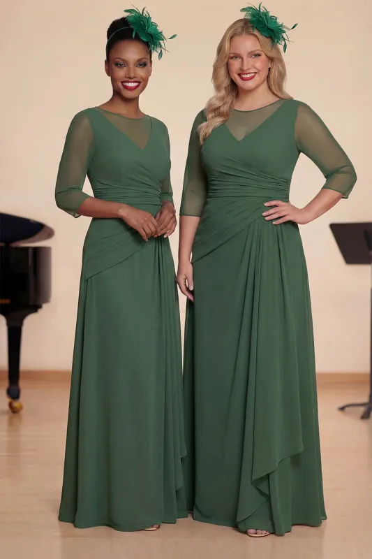Dark Green A Line Ruched Long Choir Dress with 3/4 Sleeves sold by Zapaka