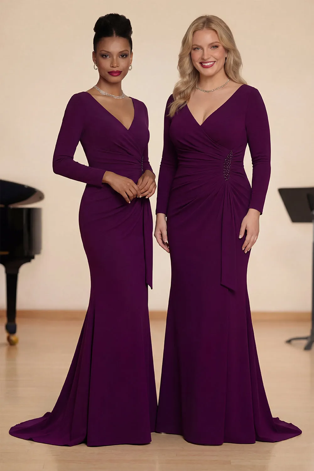 Mermaid Long Sleeves Grape Satin Ruched Choir Dress sold by Zapaka