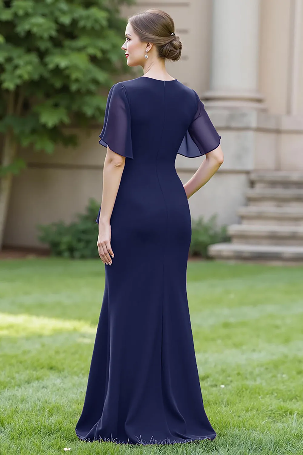 Sheath Navy Chiffon Round Neck Ruched Long Choir Dress with Sash sold by Zapaka product image thumbnail 3
