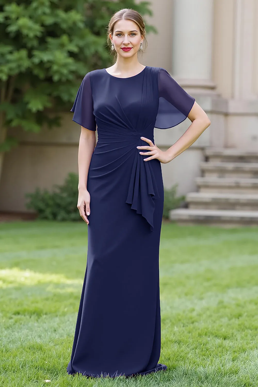 Sheath Navy Chiffon Round Neck Ruched Long Choir Dress with Sash sold by Zapaka product image thumbnail 2