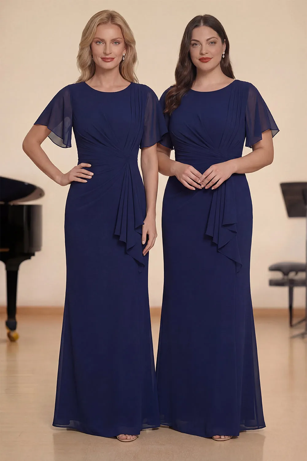 Sheath Navy Chiffon Round Neck Ruched Long Choir Dress with Sash sold by Zapaka