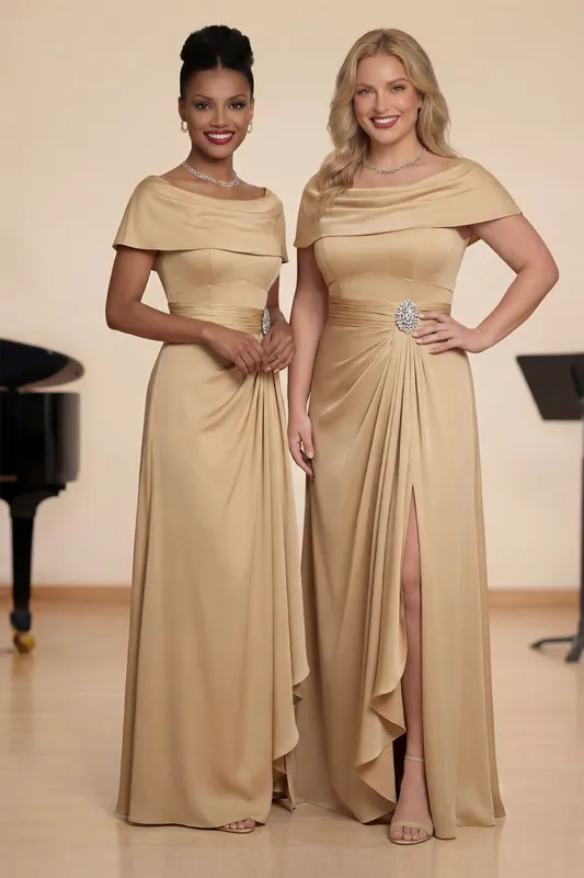 Champagne Off The Shoulder Ruched A Line Choir Dress with Slit sold by Zapaka