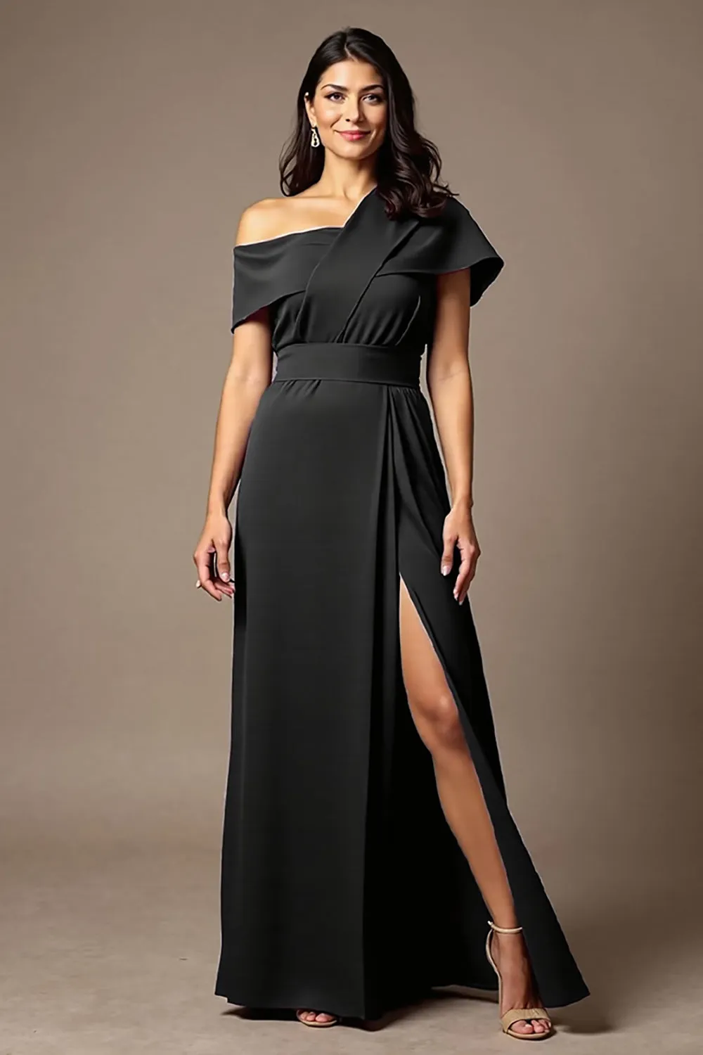 Black A Line Satin Asymmetrical Neck Long Choir Dress with Slit sold by Zapaka product image thumbnail 2