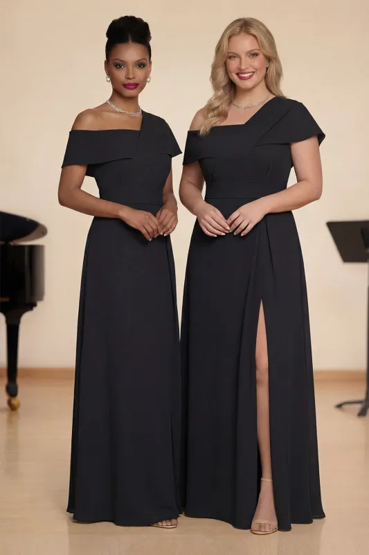 Black A Line Satin Asymmetrical Neck Long Choir Dress with Slit made by Zapaka