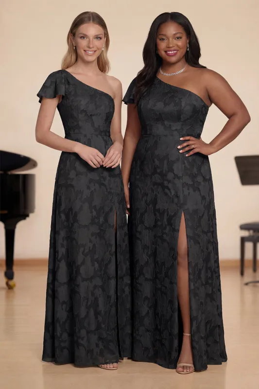 One Shoulder Black A-Line Long Choir Dress with Slit sold by Zapaka