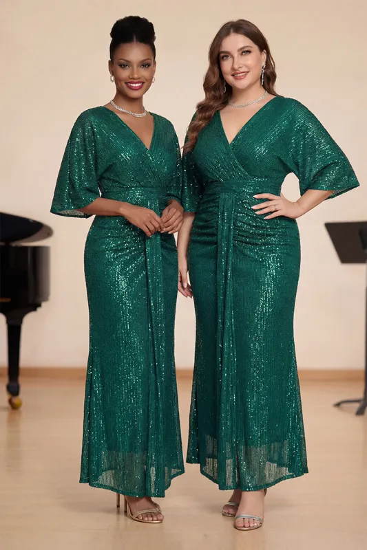 Sparkly Dark Green Sheath Ruched Long Choir Dress with Sequins made by Zapaka