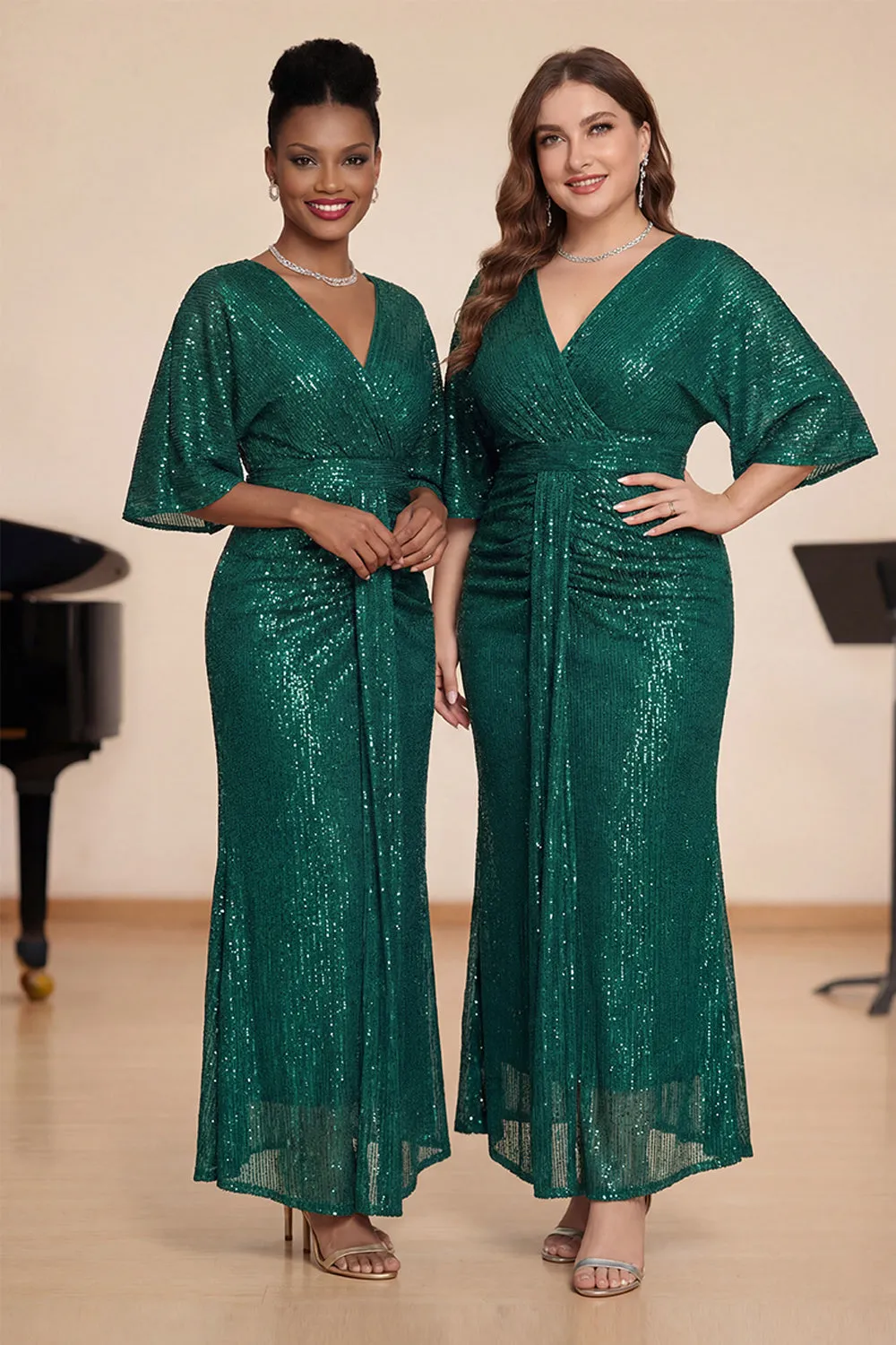Sparkly Dark Green Sheath Ruched Long Choir Dress with Sequins sold by Zapaka