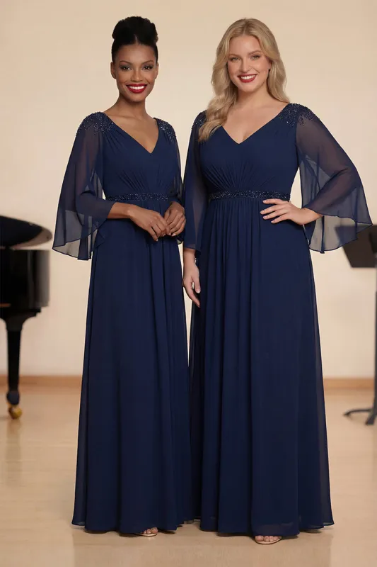 Navy A Line Beaded Chiffon Choir Dress with 3/4 Sleeves sold by Zapaka