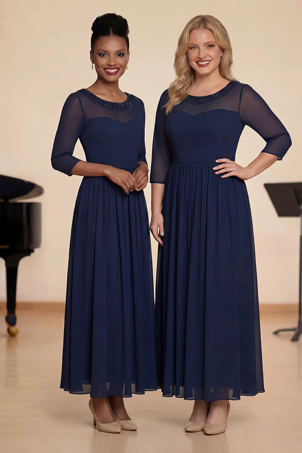 Navy Beaded A Line Boat Neck Long Choir Dress with Half Sleeves sold by Zapaka