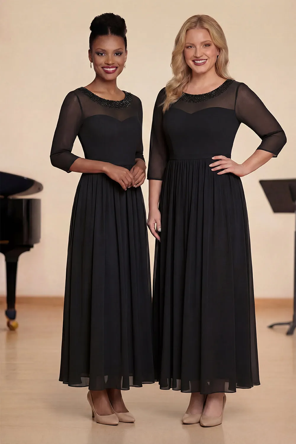 Navy Beaded A Line Boat Neck Long Choir Dress with Half Sleeves sold by Zapaka product image thumbnail 4