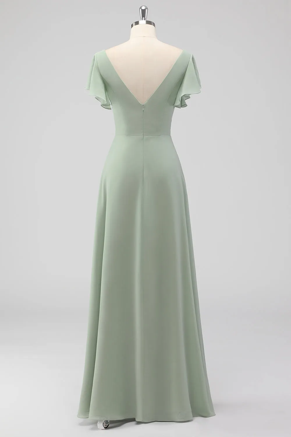Sage Green A-Line Flutter Sleeves Long Chiffon Choir Dress with Slit sold by Zapaka product image thumbnail 3