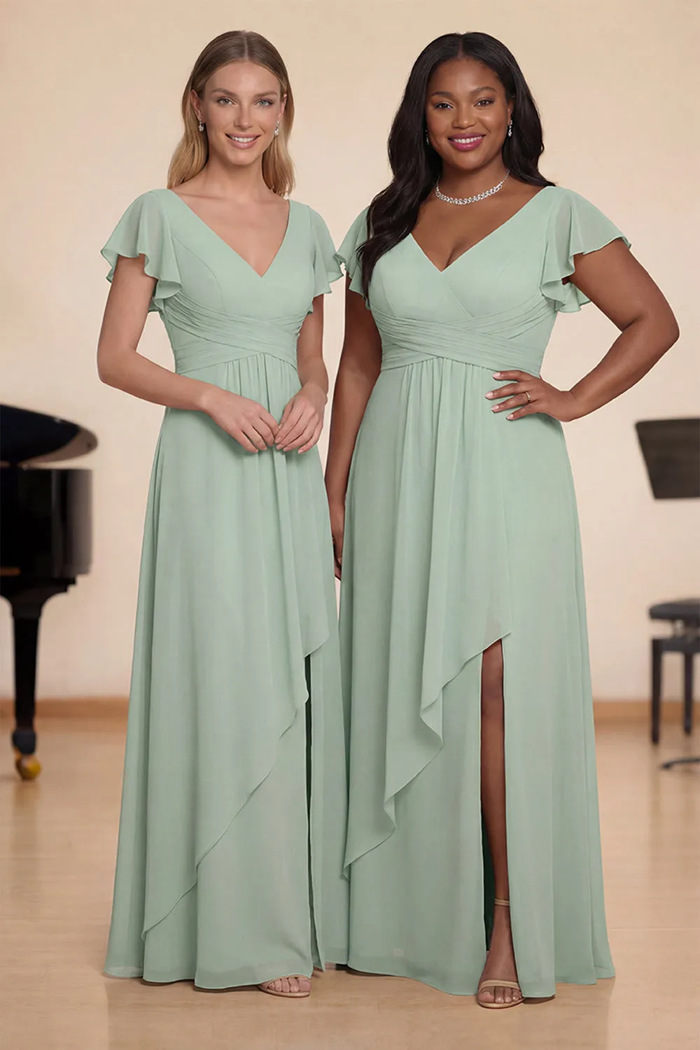 Sage Green A-Line Flutter Sleeves Long Chiffon Choir Dress with Slit sold by Zapaka