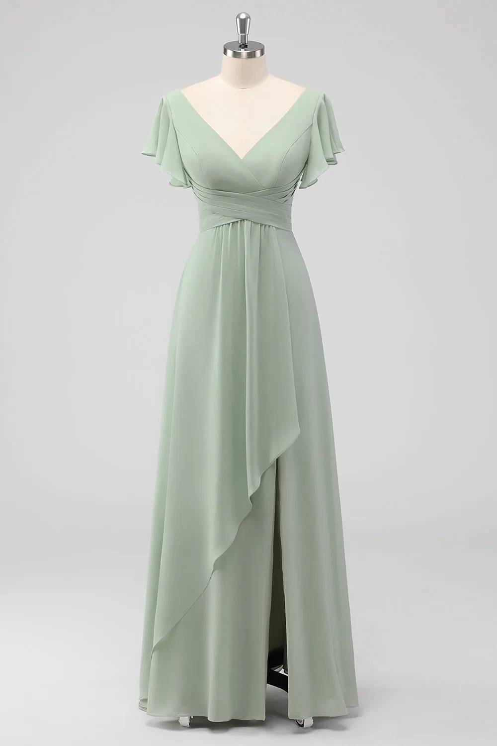 Sage Green A-Line Flutter Sleeves Long Chiffon Choir Dress with Slit sold by Zapaka product image thumbnail 2