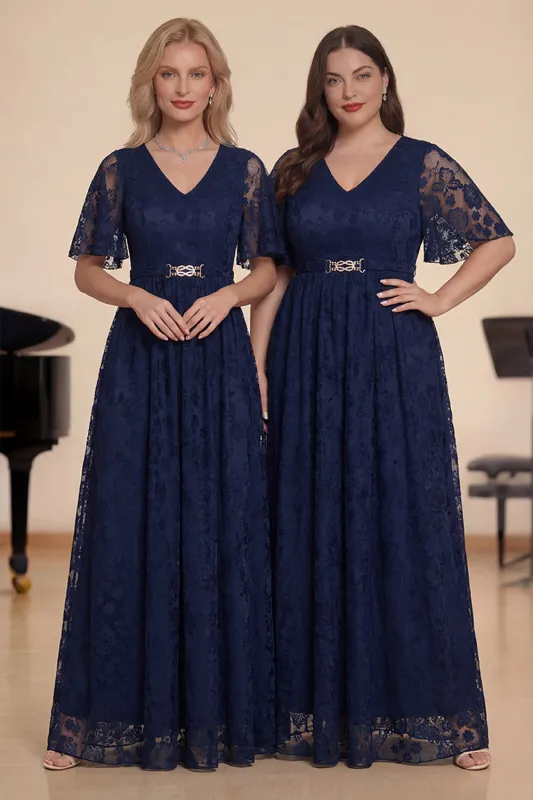 Navy A-Line V-Neck Short Sleeves Long Choir Dress with Lace sold by Zapaka