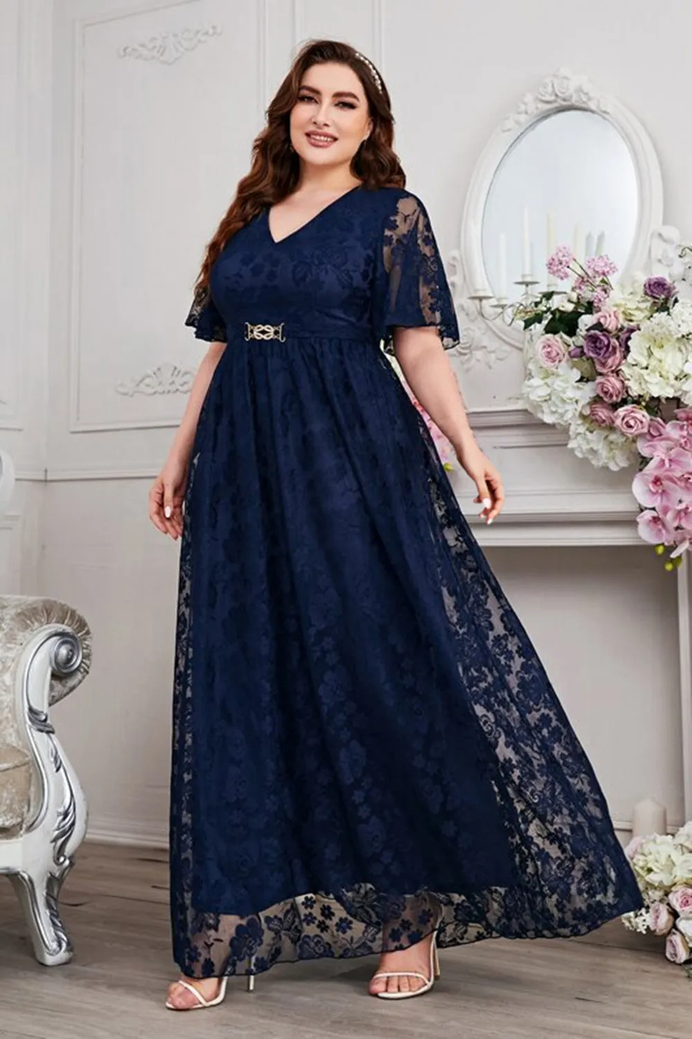 Navy A-Line V-Neck Short Sleeves Long Choir Dress with Lace sold by Zapaka product image thumbnail 5
