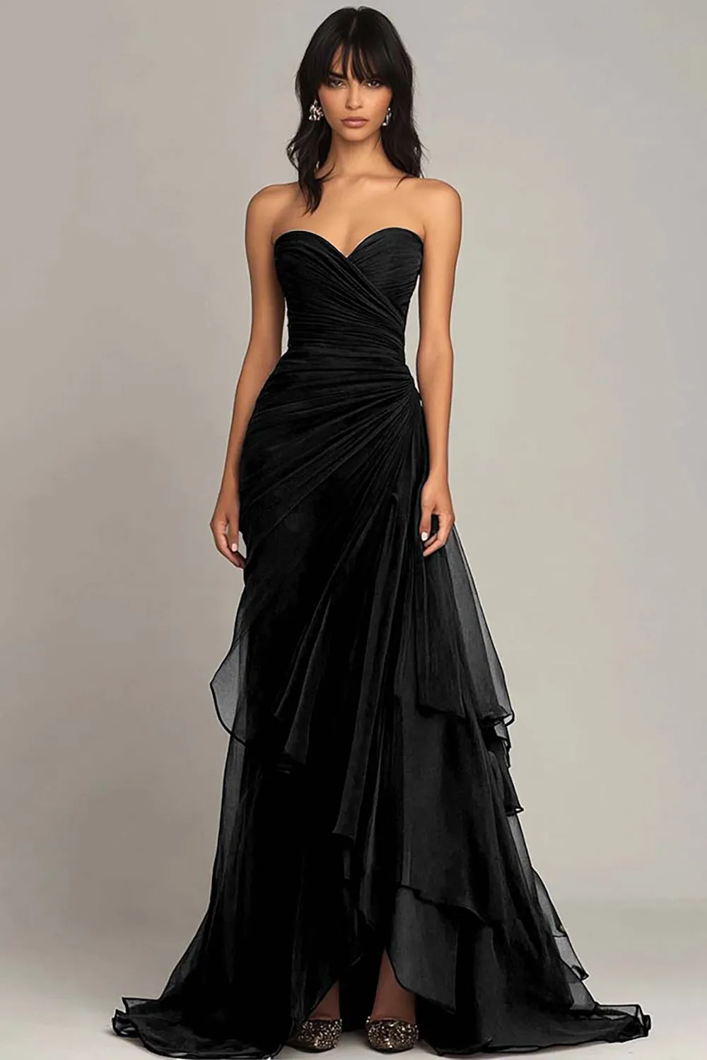 Black Sweetheart Pleated Long Choir Dress with Ruffles sold by Zapaka product image thumbnail 2