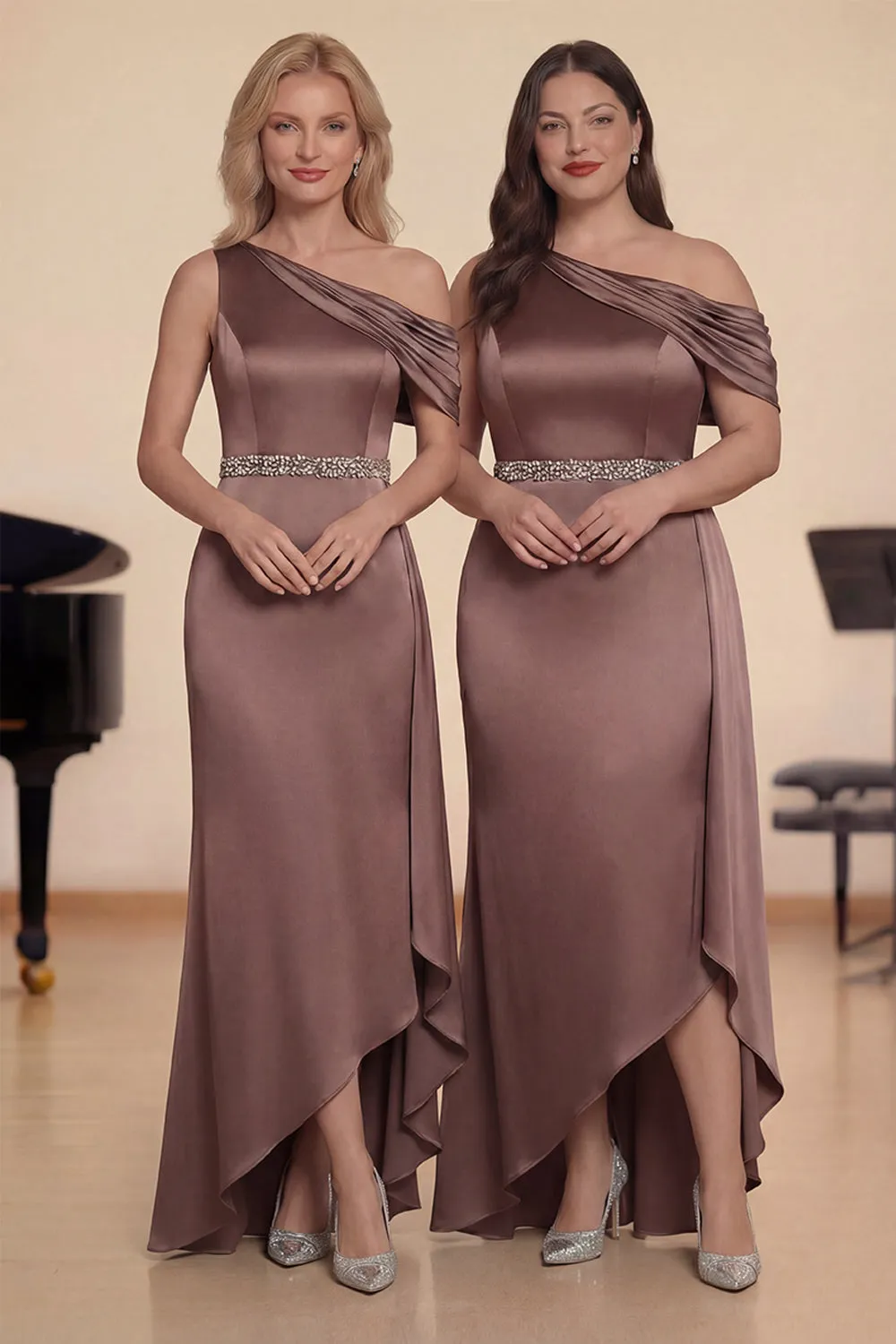 One Shoulder Sheath Beaded Taupe Satin Long Choir Dress sold by Zapaka