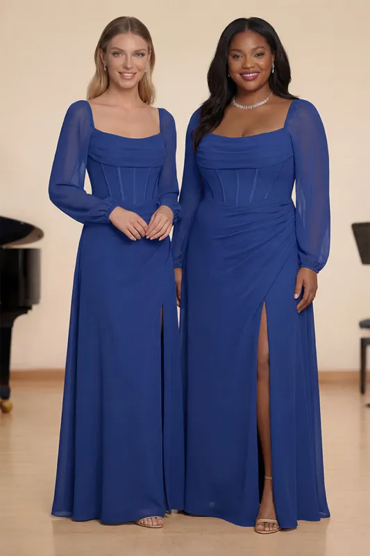 Dark Blue Sheath Corset Chiffon Long Sleeves Long Choir Dress with Slit sold by Zapaka