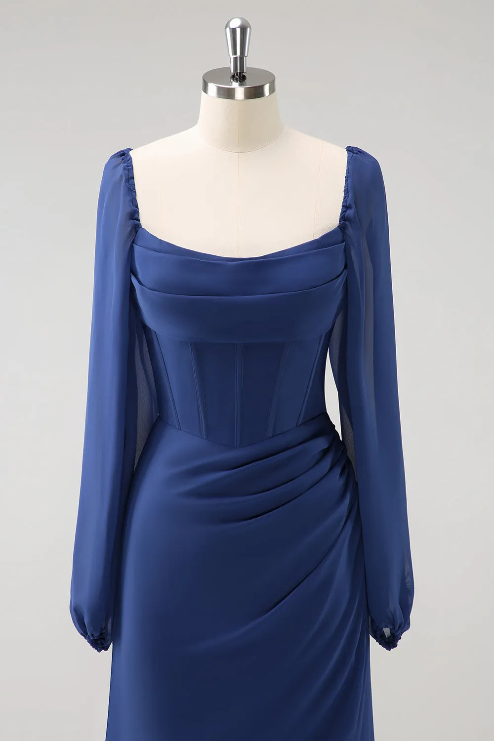 Dark Blue Sheath Corset Chiffon Long Sleeves Long Choir Dress with Slit sold by Zapaka product image thumbnail 5
