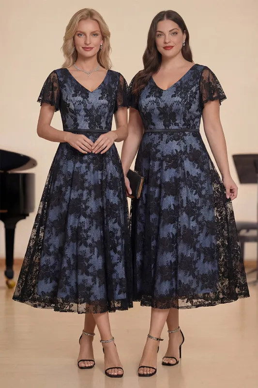 Black Lace A-Line Short Sleeves Midi Choir Dress sold by Zapaka