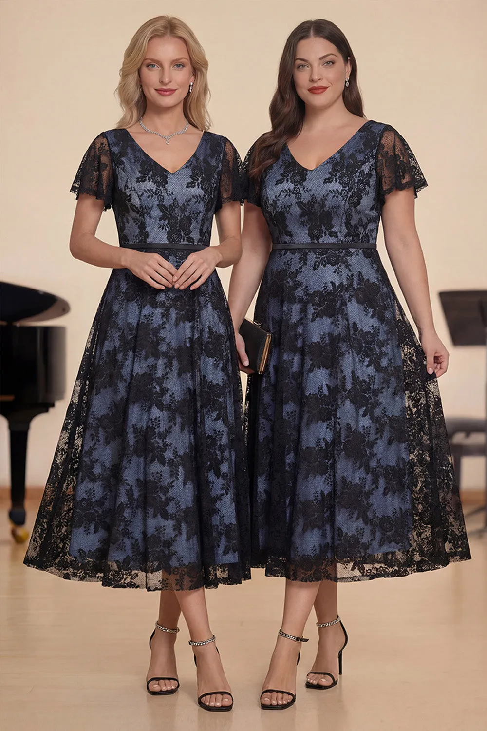 Black Lace A-Line Short Sleeves Midi Choir Dress sold by Zapaka