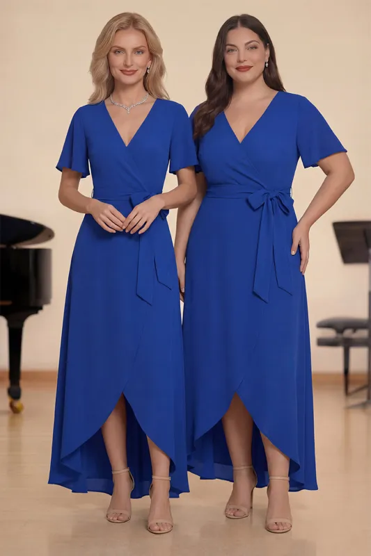 Royal Blue A-Line V-Neck Long Choir Dress with Short Sleeves sold by Zapaka