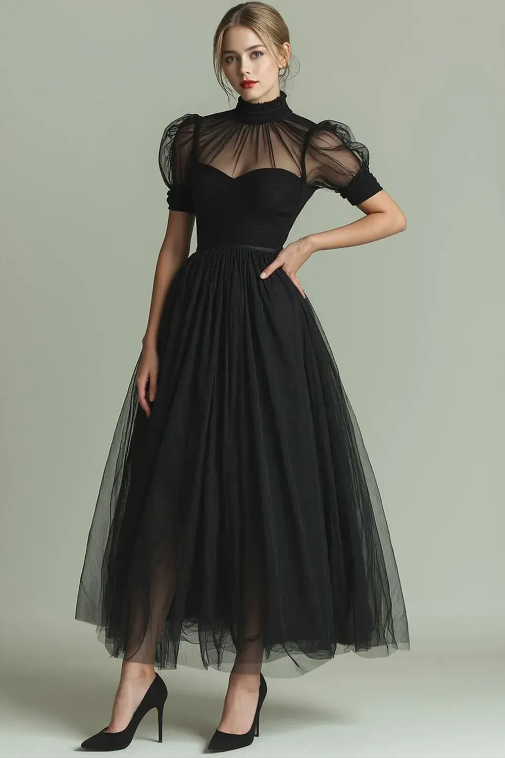 Dark Green A Line High Neck Tulle Midi Dress with Short Sleeves sold by Zapaka product image thumbnail 5
