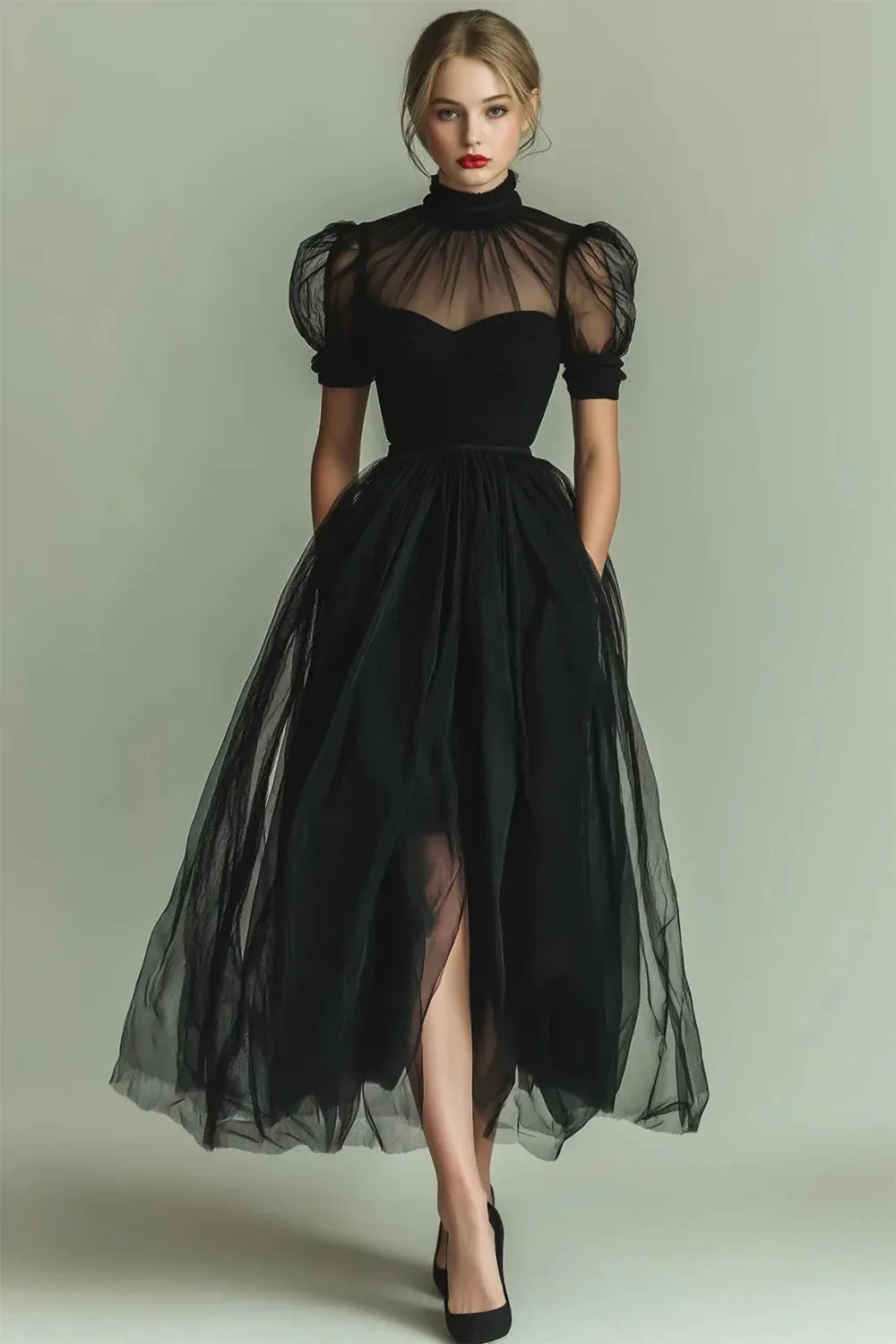 Dark Green A Line High Neck Tulle Midi Dress with Short Sleeves sold by Zapaka product image thumbnail 2