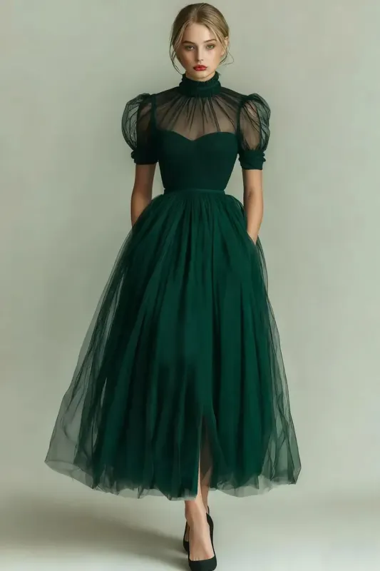 Dark Green A Line High Neck Tulle Midi Dress with Short Sleeves sold by Zapaka
