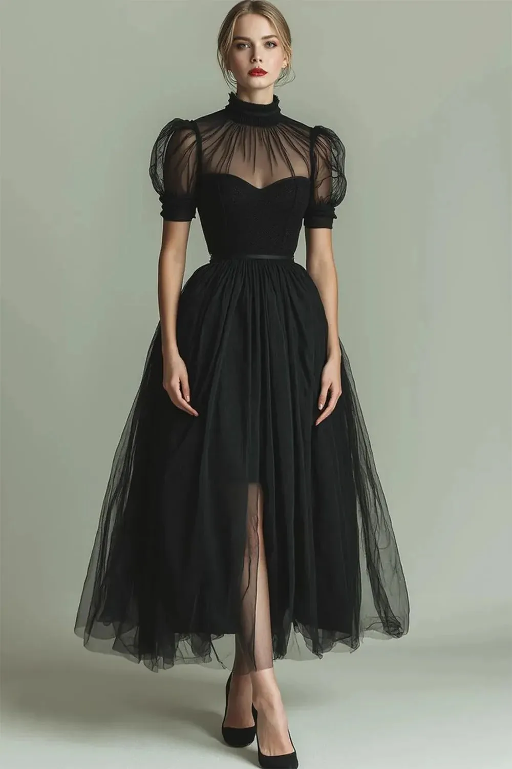 Dark Green A Line High Neck Tulle Midi Dress with Short Sleeves sold by Zapaka product image thumbnail 4