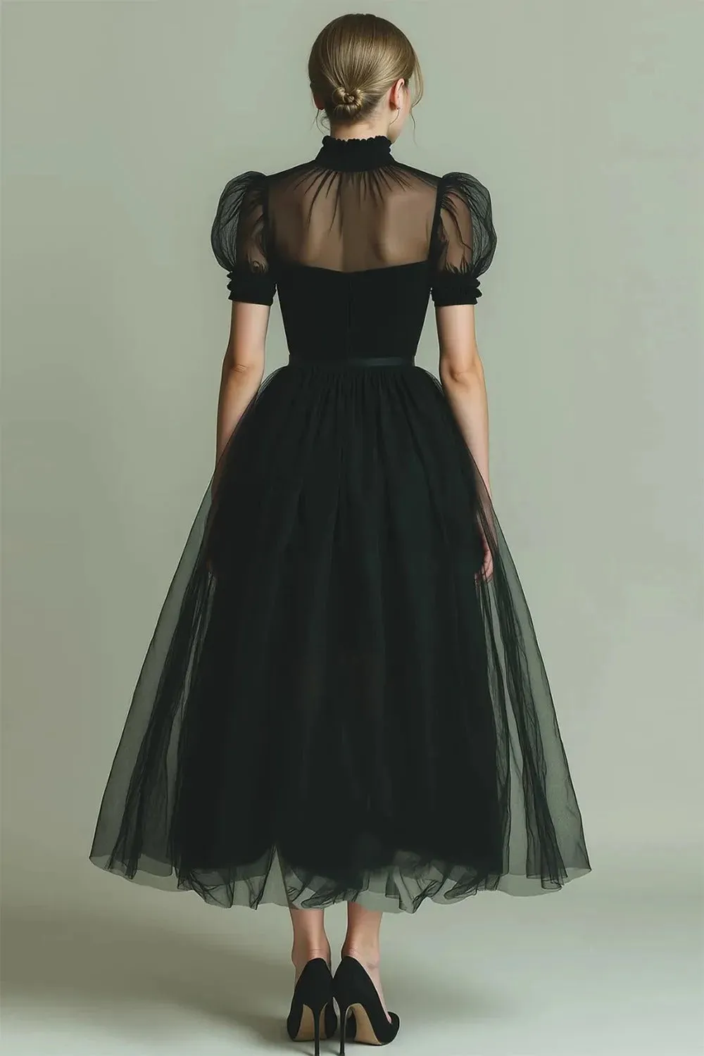 Dark Green A Line High Neck Tulle Midi Dress with Short Sleeves sold by Zapaka product image thumbnail 3