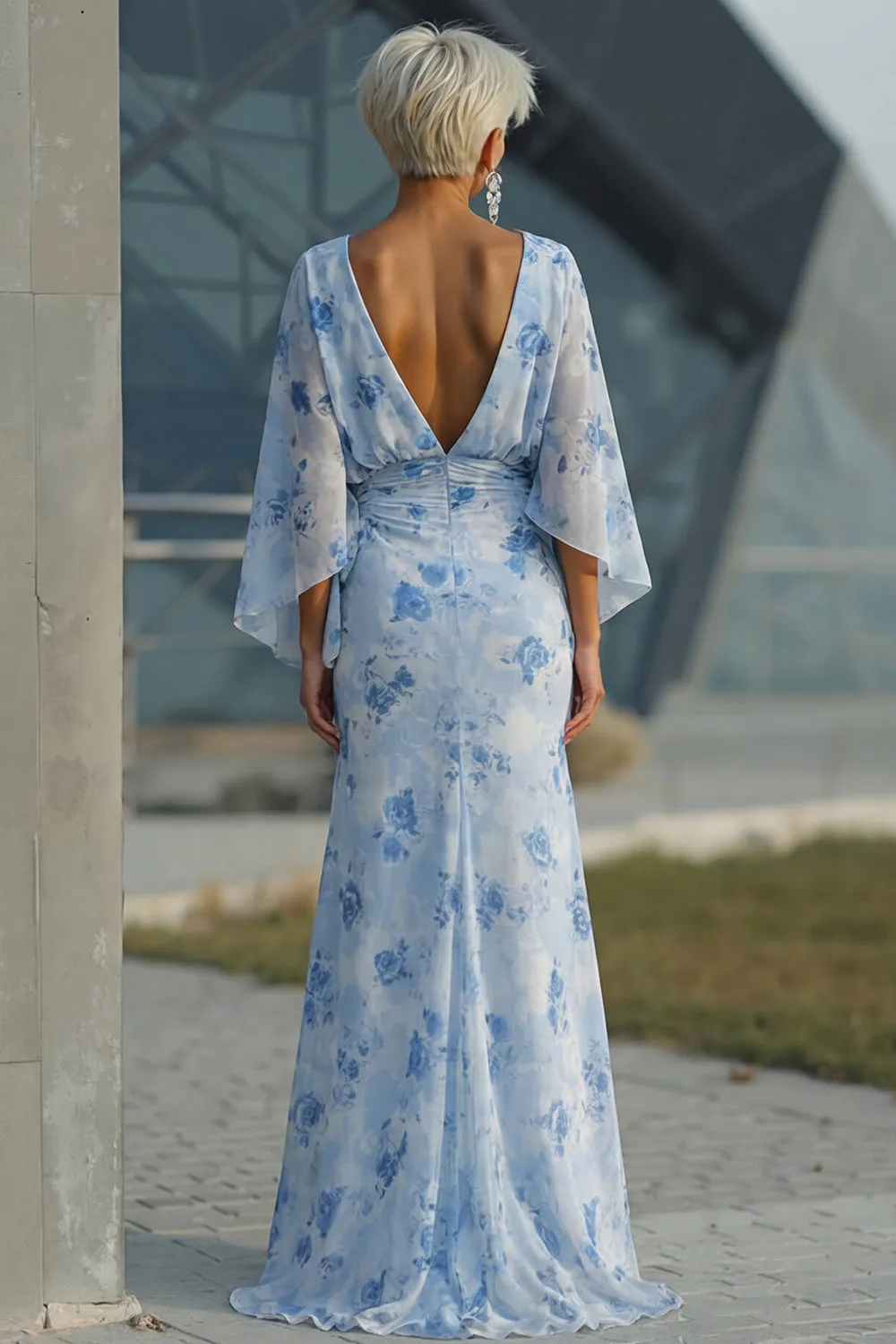 Light Blue Printed Sheath Mother of the Bride Dress with Flared Sleeves sold by Zapaka product image thumbnail 2