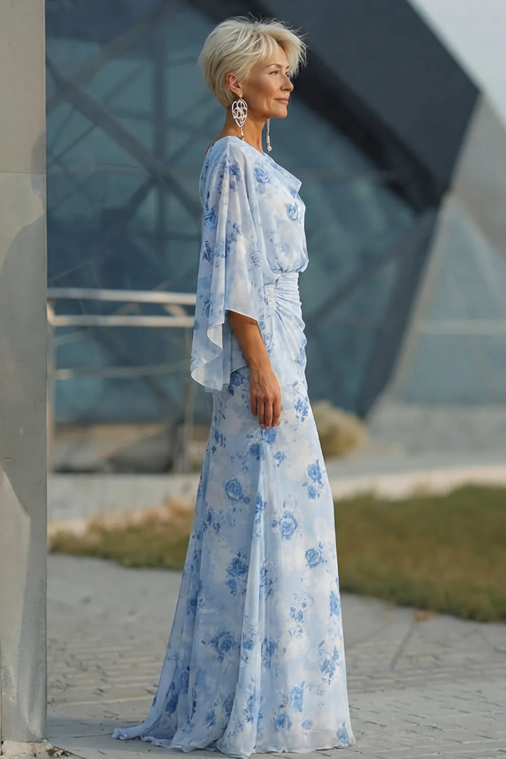 Light Blue Printed Sheath Mother of the Bride Dress with Flared Sleeves sold by Zapaka product image thumbnail 3