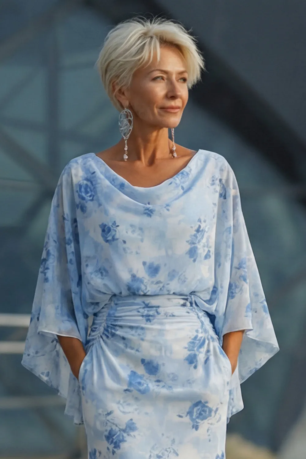 Light Blue Printed Sheath Mother of the Bride Dress with Flared Sleeves sold by Zapaka product image thumbnail 4