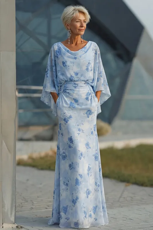 Light Blue Printed Sheath Mother of the Bride Dress with Flared Sleeves sold by Zapaka