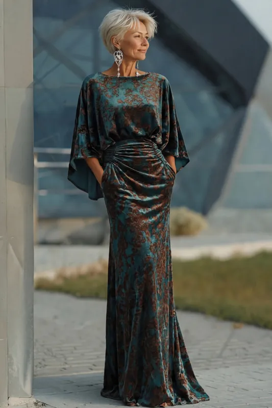 Dark Green Printed Sheath Ruched Mother of the Bride Dress with Flared Sleeves sold by Zapaka