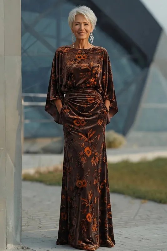 Brown Printed Sheath Ruched Mother of the Bride Dress with Flared Sleeves sold by Zapaka