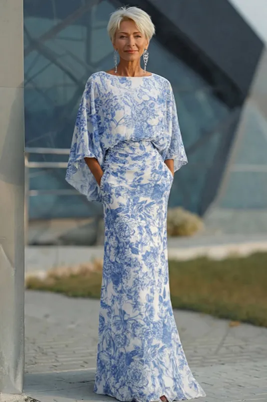 Blue Floral Sheath Mother of the Bride Dress with Flared Sleeves made by Zapaka